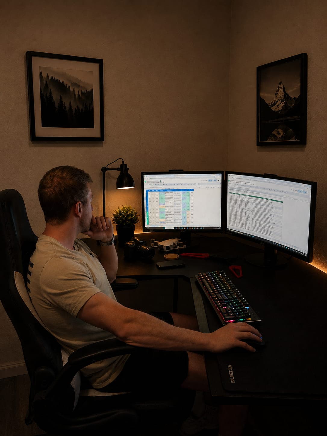 Man at a desk with dual monitors, an RGB keyboard, and warm ambient lighting.