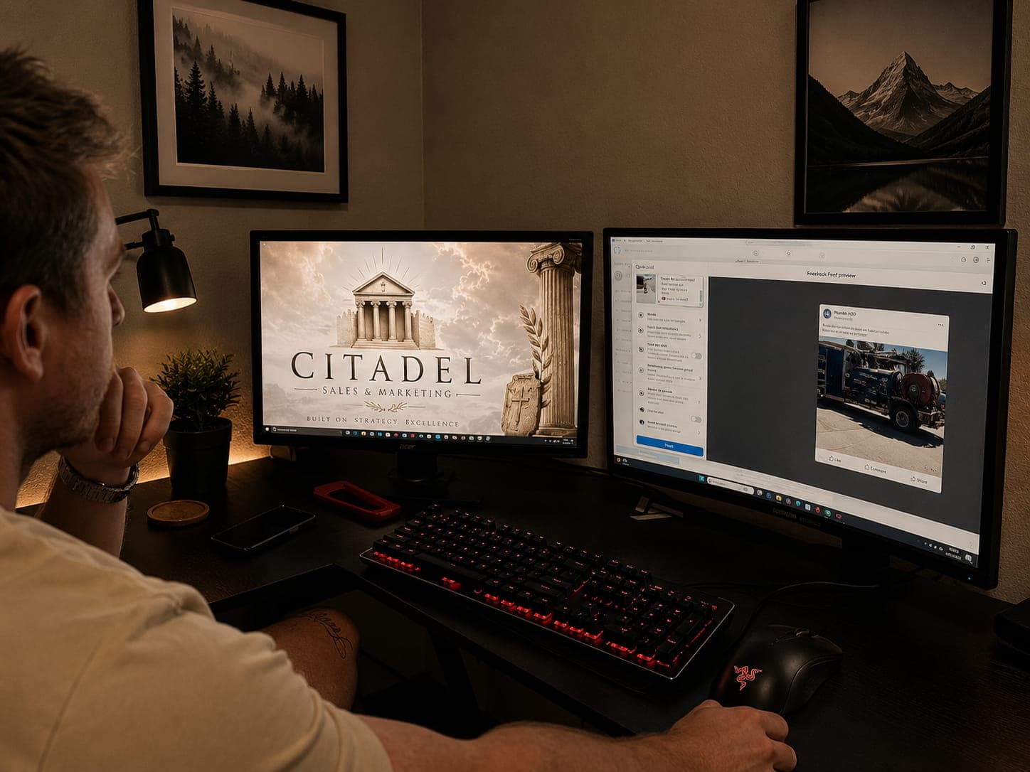 Man at a desk with two monitors, one showing a Citadel Sales and Marketing logo.