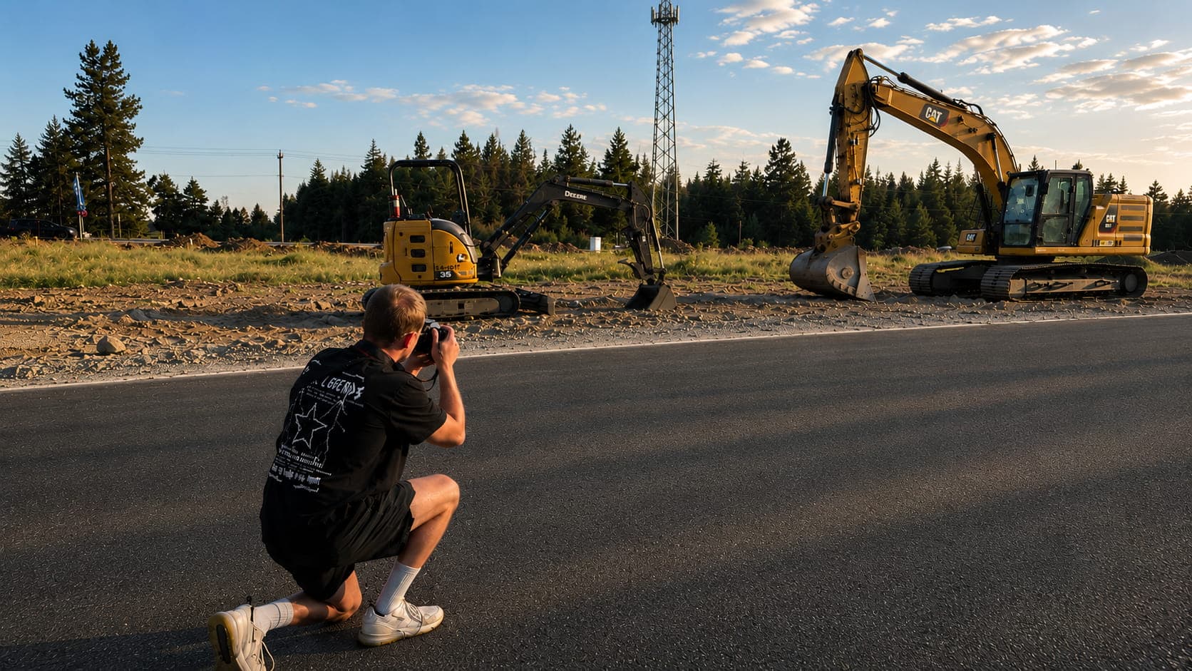 Photographer kneels on asphalt, capturing two yellow excavators at a construction site during sunset.